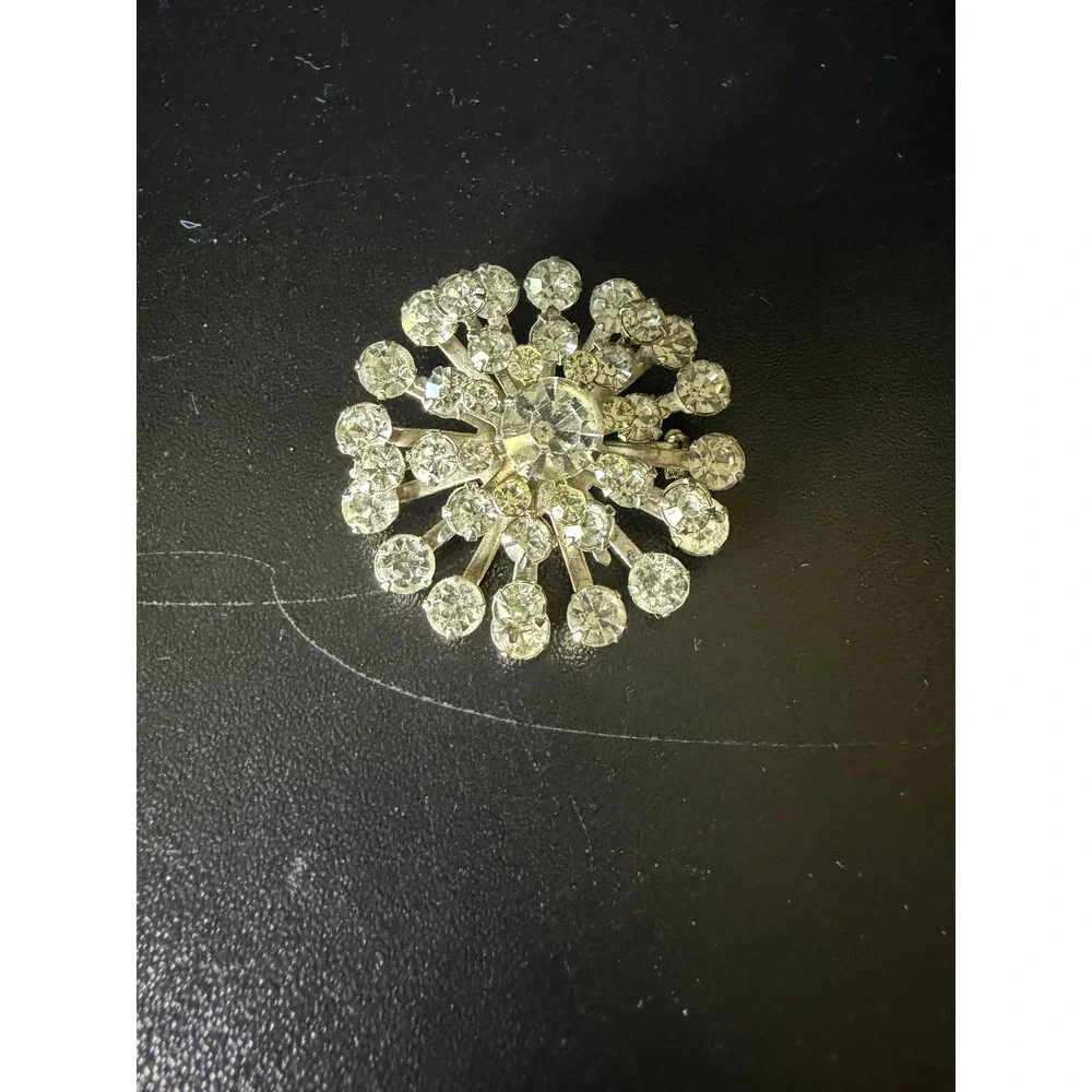Vintage Sunburst Brooch Silver Tone Clear Rhinestone Starburst Floral Pin